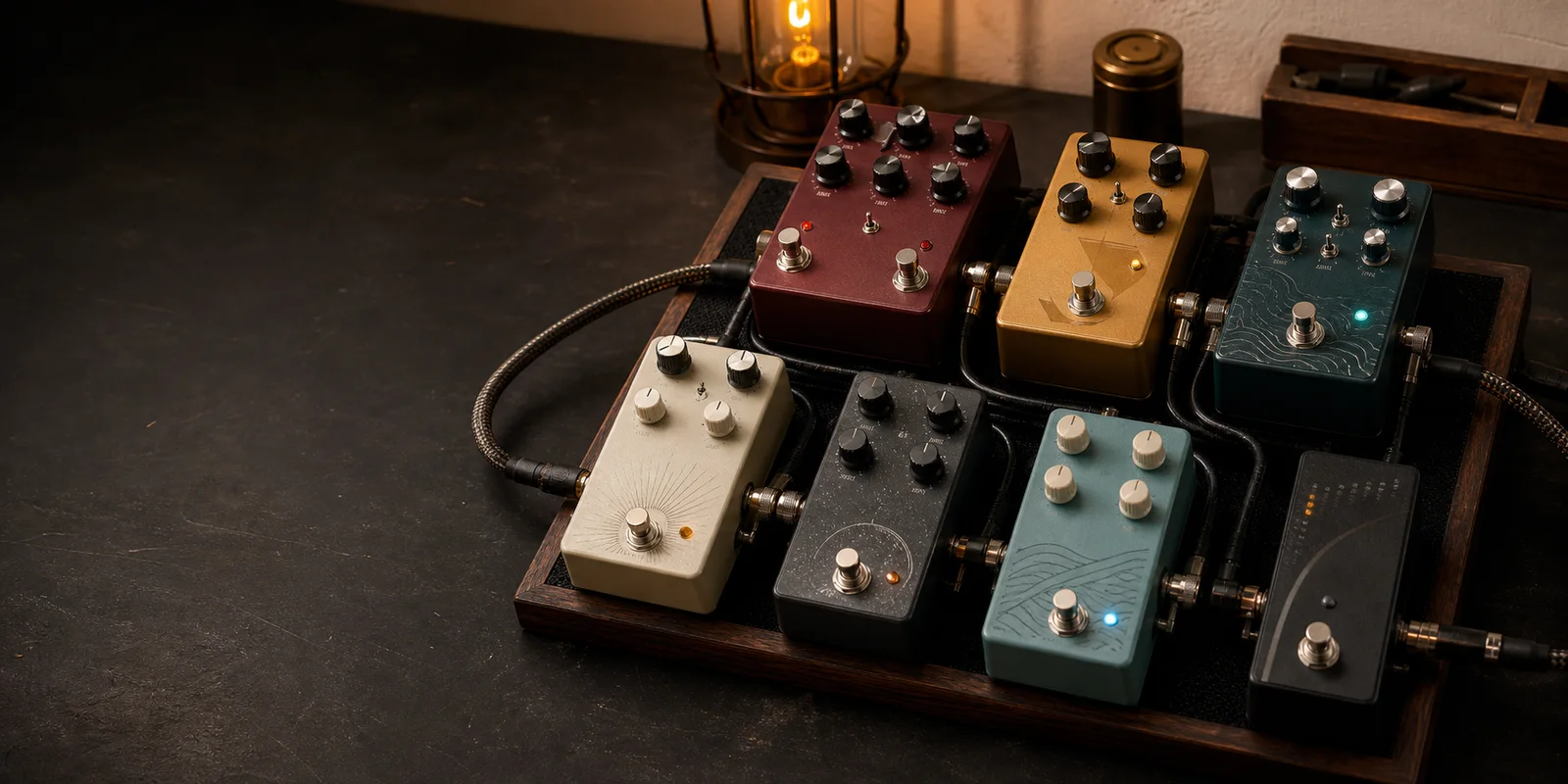 Guitar pedals arranged on a studio workbench